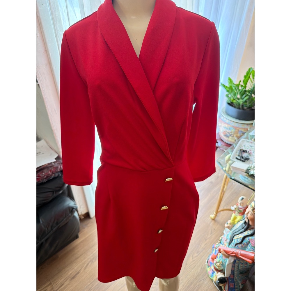 Glamour Red Wrap Front Sheath Dress Gold Button Detail Shawl Collar Size 10